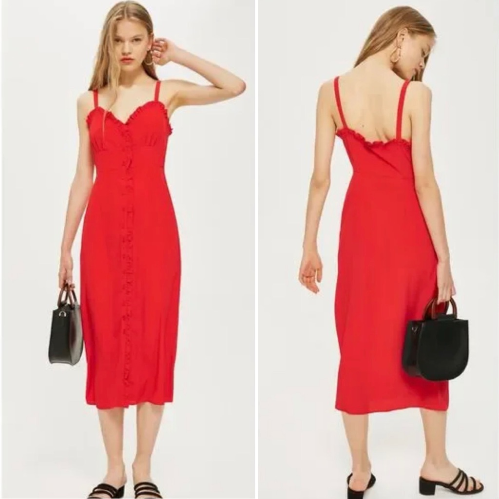 Topshop Ruffled Sweetheart Neckline Button-Front Slip Midi Dress Red Size 6